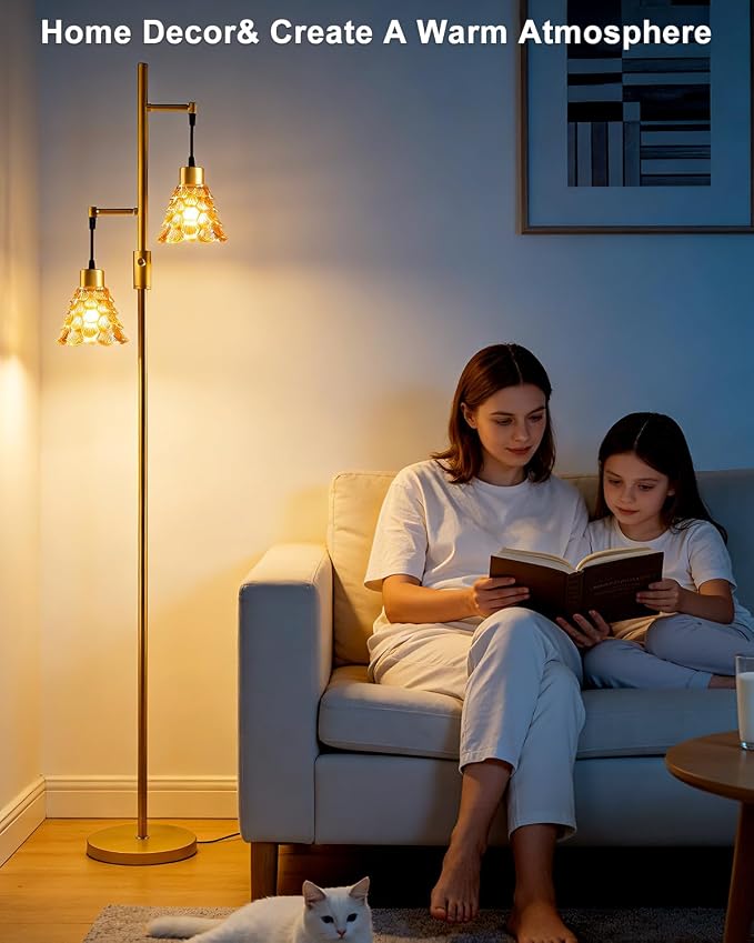 2-Light Modern Glass Floor Lamp, Gold Standing Tall Lamp with Amber Shell Glass Shade, Dimmable LED Floor Lamp with 5Lbs Heavy Base for Living Room Bedroom Home Decor, Bulb Included