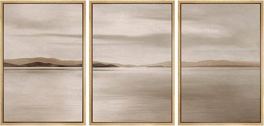 SIGNWIN Framed Canvas Print Wall Art Set Minimalist Beige Lake Horizon Landscape Illustrations Modern Art Decorative Chic Calm/Zen for Living Room, Bedroom, Office - 24"x36"x3 NATURAL