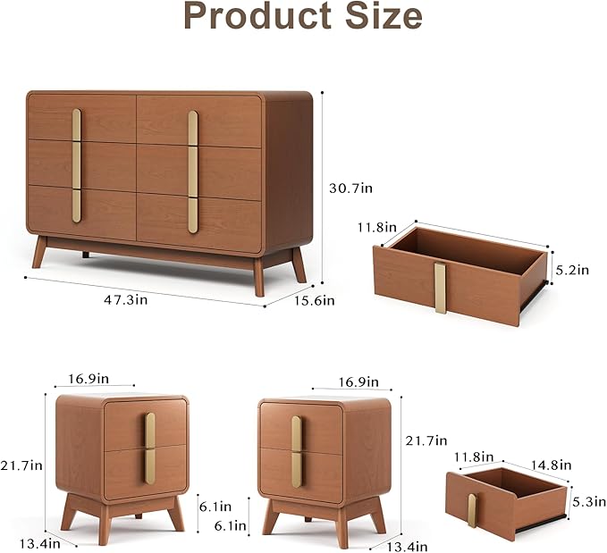 Night Stand Set 2, Mid Century Modern Bedside Table with Drawers, Curved Profile Design End Table with Metal Handle, Nightstand Set of 2 with Storage, Bed Side Tables for Bedroom, Cherry