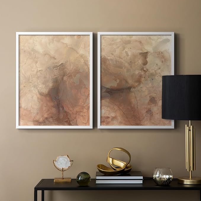 Renditions Gallery Set of 2 Peel & Stick Framed Prints, Abstract Wall Art, Brown Textured Marble Design Re-Stickable - Ready to Hang - 8"x10" - White Frame LT588