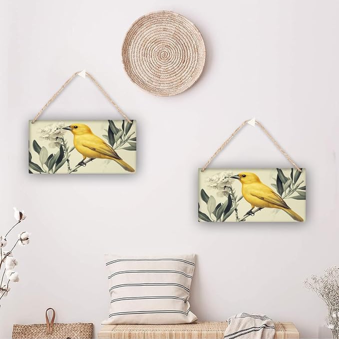 Whimsical Vintage Yellow Bird & Flowers Wooden Wall Art, Retro Home Decors for Nature Admirers, 12x6 Inch Wood Sign to Bring Retro Charm Indoors