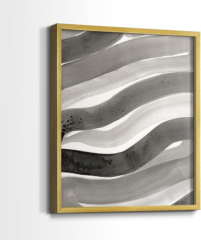 Renditions Gallery Set of 2 Peel & Stick Framed Prints, Watercolor Abstract Wall Art, Black and White Bold Brushstrokes Wall Decor, Re-Stickable - Ready to Hang - 11"x14" - GOLD Frame LT588