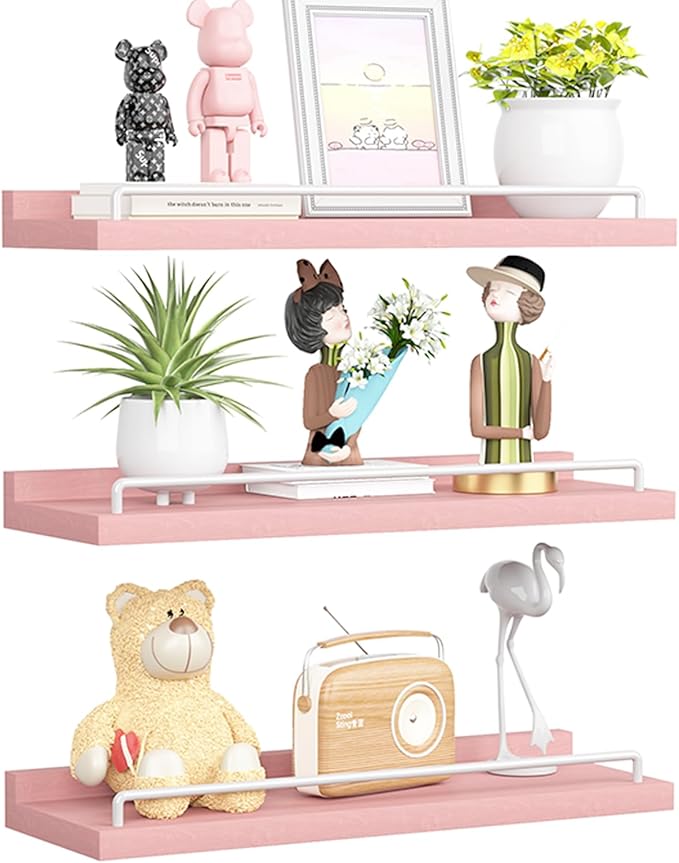 Pink and White Floating Shelves, Kawaii Room Decor Wall Shelves - Set of 3 for Living Room, Bedroom, Kitchen, Picture Frames, Plants
