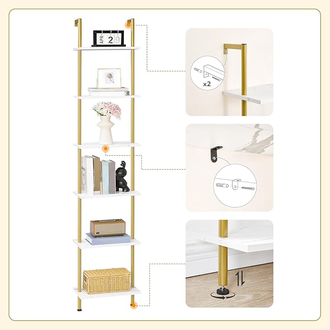 HOOBRO DIY Ladder Shelf, 6-Tier Wooden Wall Mounted Bookshelf, Narrow Gold Bookcase, Display Shelf, Storage Rack, Plant Stand, for Living Room, Bedroom, Study, Balcony, Marble and Gold DM651CJ01