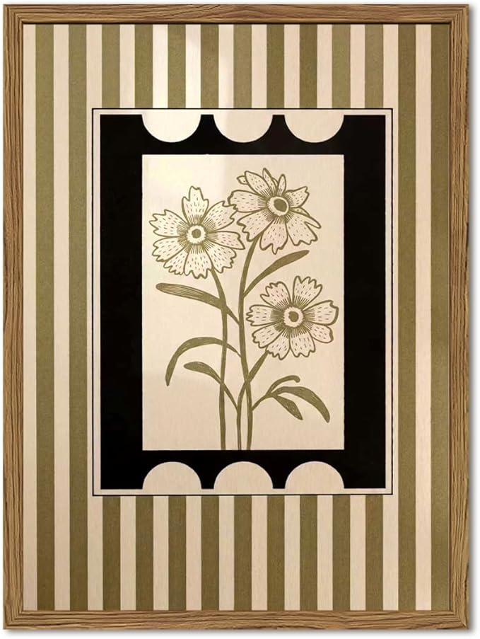Modern Boho Flower Wall Art Abstract Plant Floral Wall Decor Painting, Vintage Botanical Striped Poster Canvas Print Picture for Living Room Bedroom 12x16 inch Wood Framed