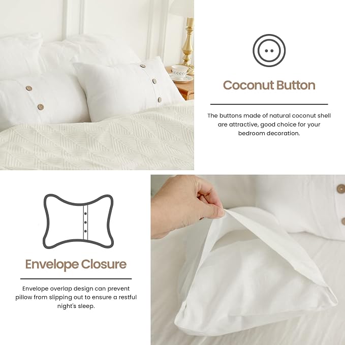 Simple&Opulence 100% Linen Lumbar Pillow Cover 12 x 20 Inch Set of 2 Rectangular Decorative Pillow Cover with Vintage Triple Coconut Button for Couch Sofa Bed Living Room Office Décor - White
