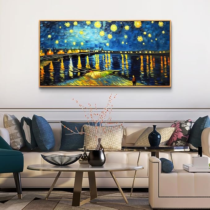hyidecorart Large Size Canvas Wall Decor For Office Wood Framed Wall Art For Living Room Modern Bedroom Decorations Night Scene Wall Paintings Abstract Blue Vintage Pictures Artwork Home Decor