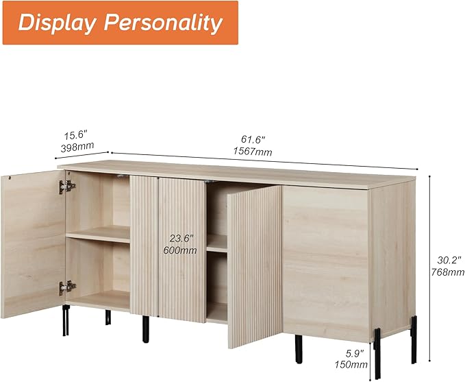 WAMPAT Fluted Buffet Cabinet with Storage, 61.5" Large Sideboard Cabinet with 4 Doors, Modern Buffet Table Coffee Bar Wine Bar Storage Organizer for Kitchen, Dining Room, Beige