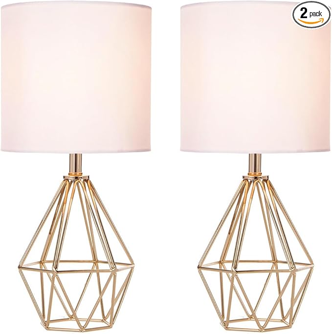 Gold Small Table Lamp Set of 2, Modern Bedside Nightstand Lamps with Geometric Metal Base White Fabric Shade, Cute Desk Lamp for Living Room Bedroom