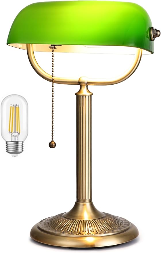 1-Minute Quick-Change Shade Classic Green Glass Bankers Desk Lamp for Study, Office, Library, LED Bulb Included