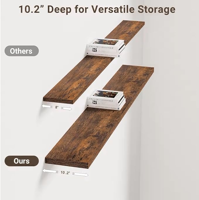 Vivelove 10 Inch Deep Floating Shelves 55 inch Long, 55 x 10 Wide Wall Shelves with Invisible Brackets, for Bedroom Bathroom Living Room Kitchen Office, Farmhouse Home Decor, Set of 2, Rustic Brown
