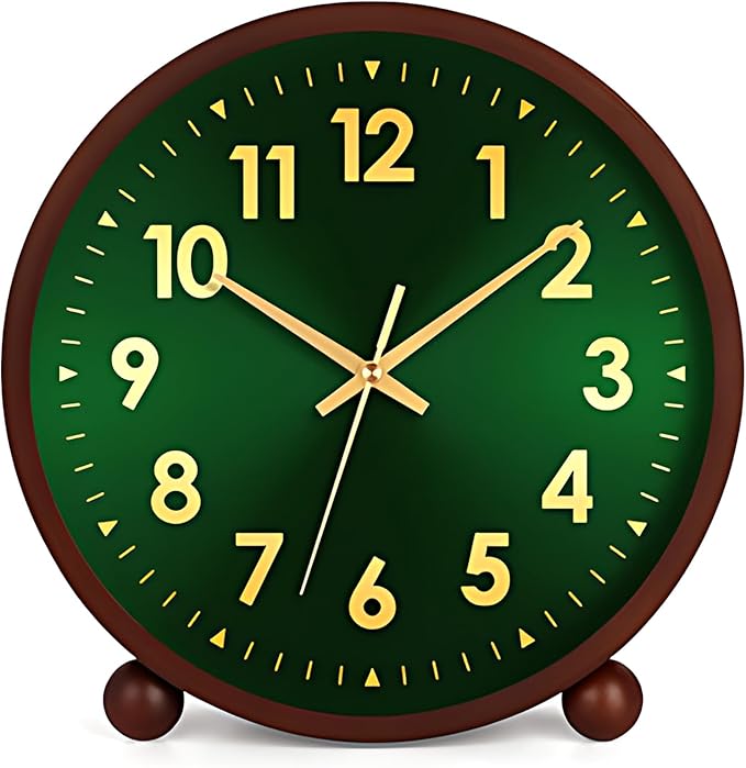Maxspace Wooden Table Clock,8in Silent Non-Ticking Desk Clock, Battery Operated Desktop Analog Clock for Living Room Office Bedroom Decor (Green Gold - Walnut, Wooden Ball Base)