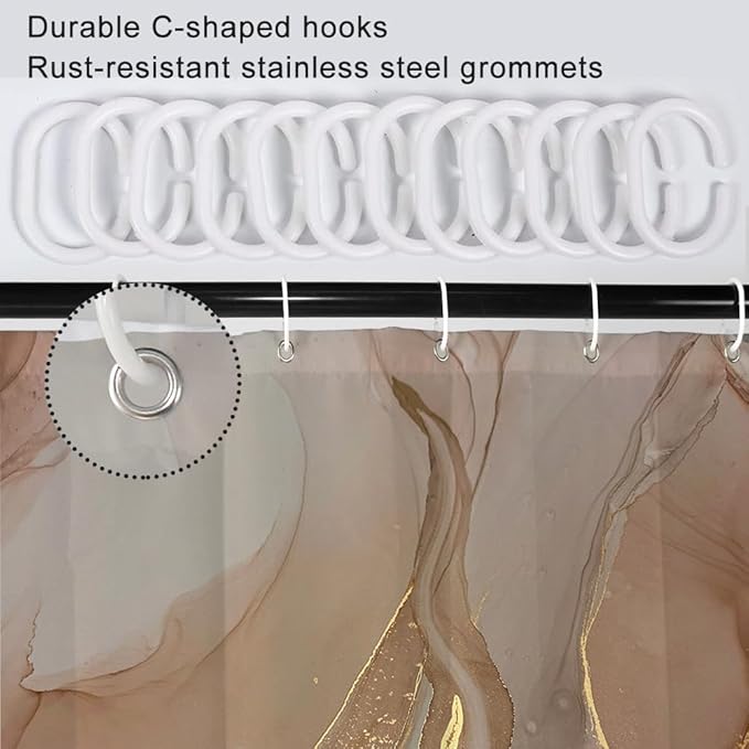 Brown Shower Curtain, Modern Brown Gold Grey Marble Shower Curtain for Bathroom Aesthetic Ink Texture Waterproof Shower Curtain Set with Hooks, 60x72 Inch