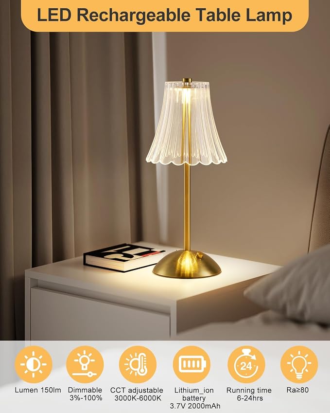 SHREWSBURY & CO Rechargeable Table Lamp Brass, LED Desk Lamp Battery Operated, 3 Colors and Dimmable, Bedside Reading Light, Cordless Touch Lamps for Bedroom Living Room Bar Restaurant