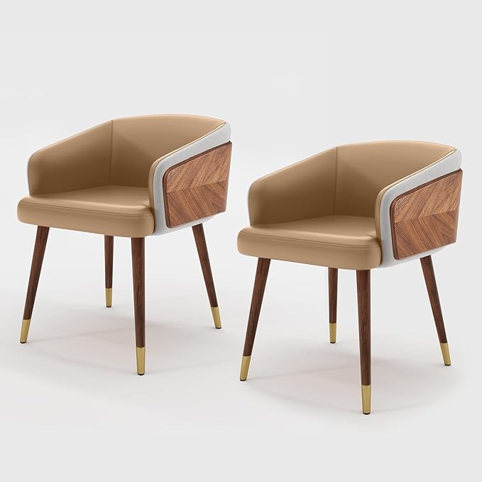 ARTPLAN Modern Upholsted Accent Dining Chairs Set of 2,Mid-Century Faux Leather with Walnut for Kitchen,Office Waiting Room Arm Sitting Chair, Beech Legs Dissassembly Adjustable Feet,Light Coffee