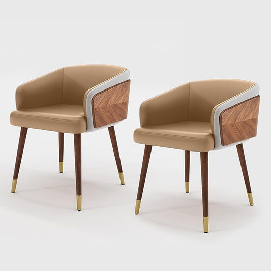 ARTPLAN Modern Upholsted Accent Dining Chairs Set of 2,Mid-Century Faux Leather with Walnut for Kitchen,Office Waiting Room Arm Sitting Chair, Beech Legs Dissassembly Adjustable Feet,Light Coffee