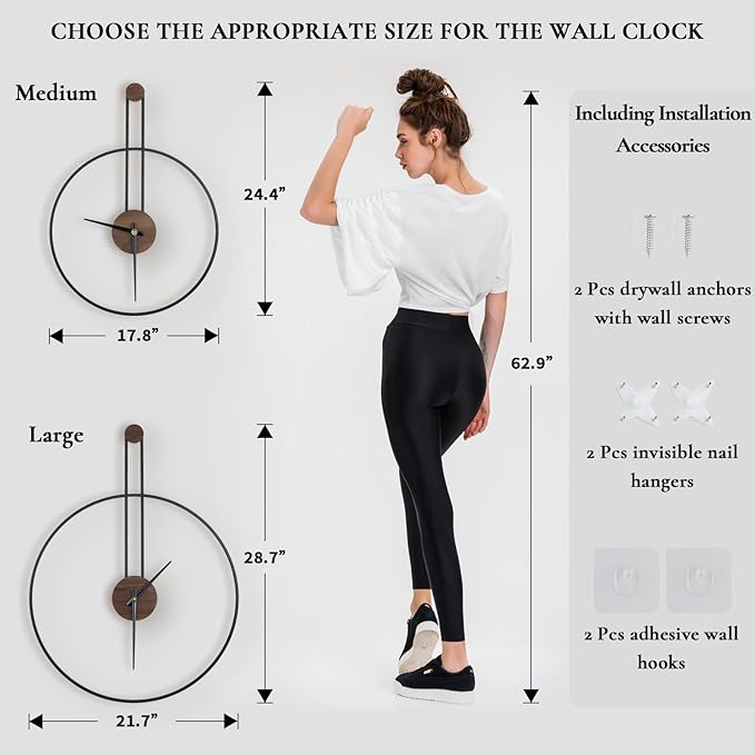 Modern Wall Clock Large Wall Clocks with Walnut Dial Silent Non-Ticking for Living Room Home Decor Bedroom Kitchen Office 17.8''× 24.4'' (Black, Medium)