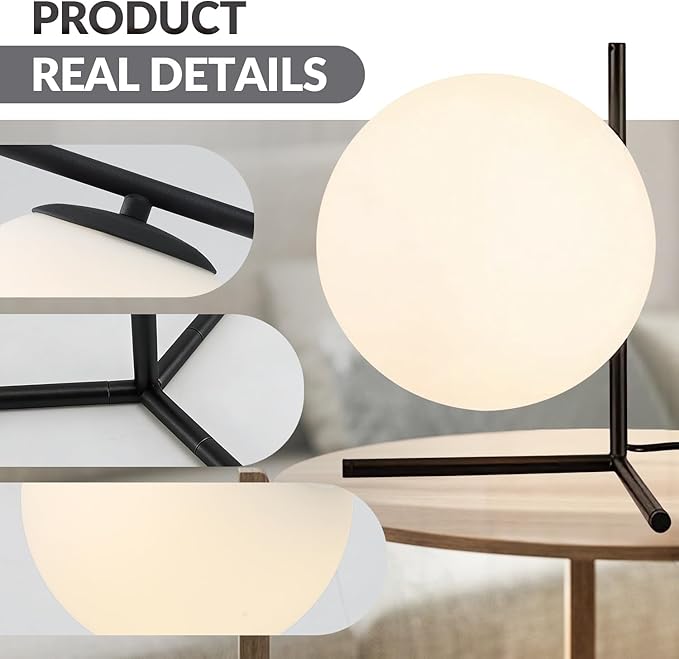 BOKT Modern Mid Century Matte Black Globe Table Lamp Post Modern Mini White Glass Desk Lamp Industrial Farmhouse Nightstand Bedside Lamp Lighting Fixture