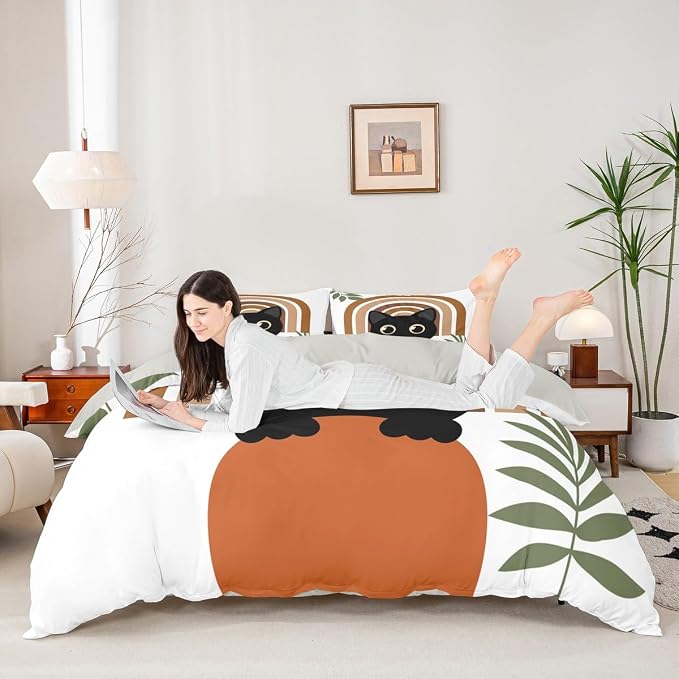 Erosebridal Cartoon Cat Comforter Cover Full Vintage Mid Century Bedding Set Modern Minimalism Animal Duvet Cover for Kids Girls Boys Adults Boho Abstract Geometric Bed Set