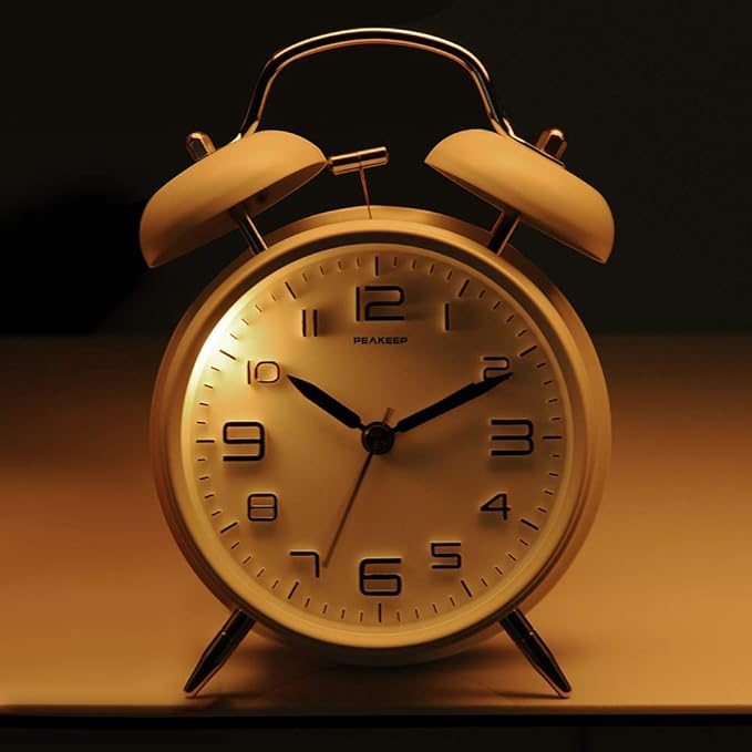 Peakeep 4 Inches Twin Bell Loud Alarm Clock for Heavy Sleepers, Backlight, Battery Operated Old Fashioned Alarm Clock for Bedrooms (3D-Dial, White)