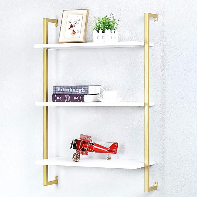 Industrial Metal Wall Shelf,Floating Shelves Wall Mounted,24in Real Wood Book Shelves,3 Tier Hanging Wall Shelves for Bedrooms Office