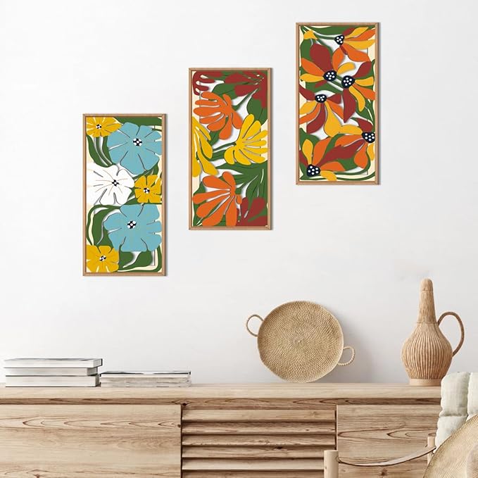 IARTTOP Boho Floral Wood Wall Art Framed 8x16 Inch Set of 3 Minimalist Botanical Plant Wooden Wall Decor Colorful Mid-century Modern Flower Artwork for Living room Bedroom Office