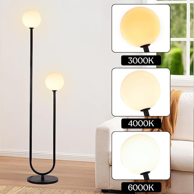 Mid Century Black U-Shape Floor Lamp 60inch Tall Globe Glass Stand Floor Light Modern Black Floor Lamp for Living Room Bedrooms Offices,Milk White Glass Lampshade,G9 Bulb