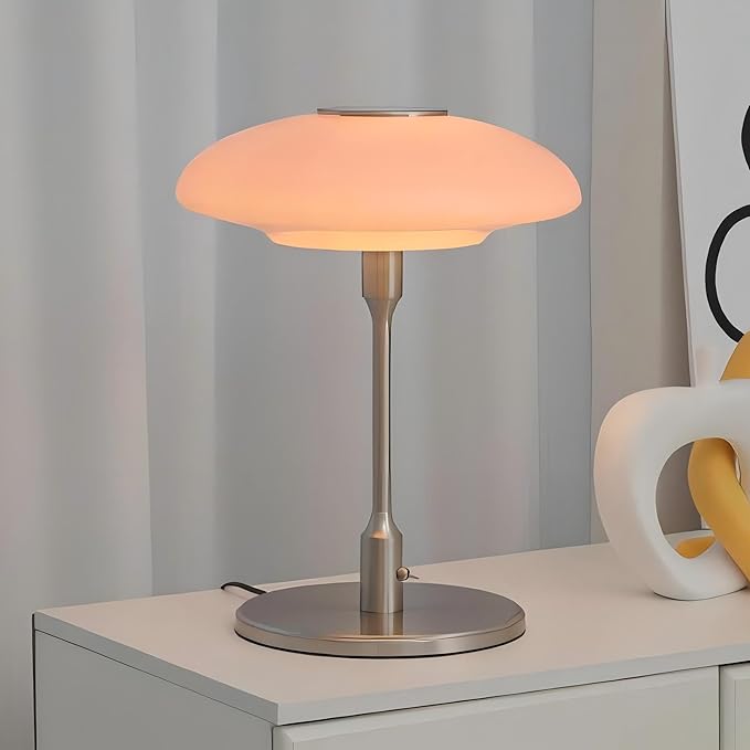 Table Lamp, Metal and Glass Modern Bedside Lamp, Decorative Table Light, Table Lamp for Living Room Bedroom Study Room, 12.6 * 16.5 Inch, Chrome & Pink