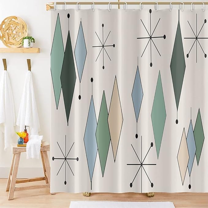 Mid Century Shower Curtain Modern Abstract Diamond Geometric Atomic Starburst Pattern for 1950s Retro Bathroom Decor Accessories Shower Curtain Set with 12 Hooks, 69x70 Inches
