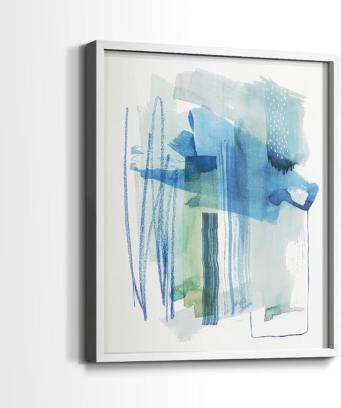 Renditions Gallery Set of 2 Peel & Stick Framed Prints, Modern Abstract Wall Art, Blue and Neutral Bold Brushstrokes Wall Decor, Re-Stickable - Ready to Hang - 22"x28" - White Frame LT588