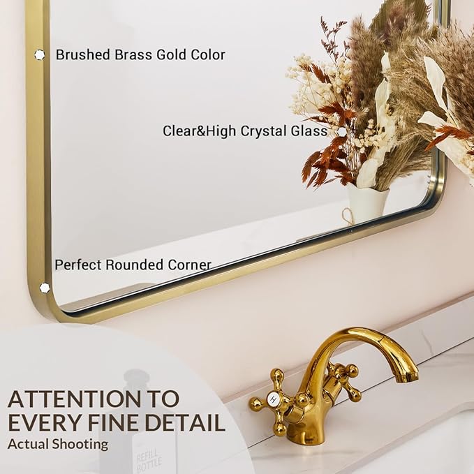 ANDY STAR Arched Mirror, 26''x38'' Brushed Brass Arched Top Rounded Corner, Stainless Steel Antirust, 1'' Deep Set Wall Mounted Vertical Bathroom Mirror