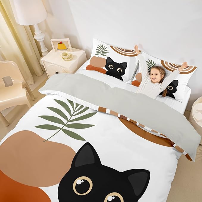 Erosebridal Funny Cat Toddler Duvet Cover Boho Mid Century Bedding Set Modern Minimalism Animals Comforter Cover for Kids Girls Boys Adults Abstract Geometric Bed Set