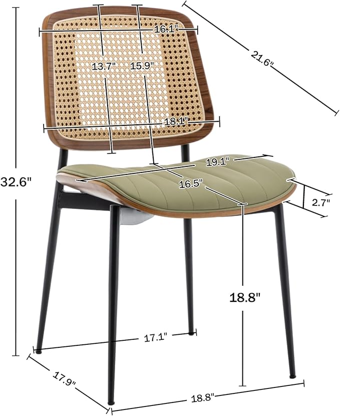 Rattan Dining Chairs Set of 4,Mid Century Green PU Leather Kitchen Chairs,Upholstered Seat Metal Legs Chairs with Adjustable Foot Pads,Walnut Armless Side Chairs