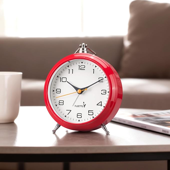 FLOITTUY 4.5" Battery Operated Antique Retro Analog Metal Alarm Clock, Silent Bedside Desk Clock, Wall-Hanging Vintage Clock(Cherry Red)