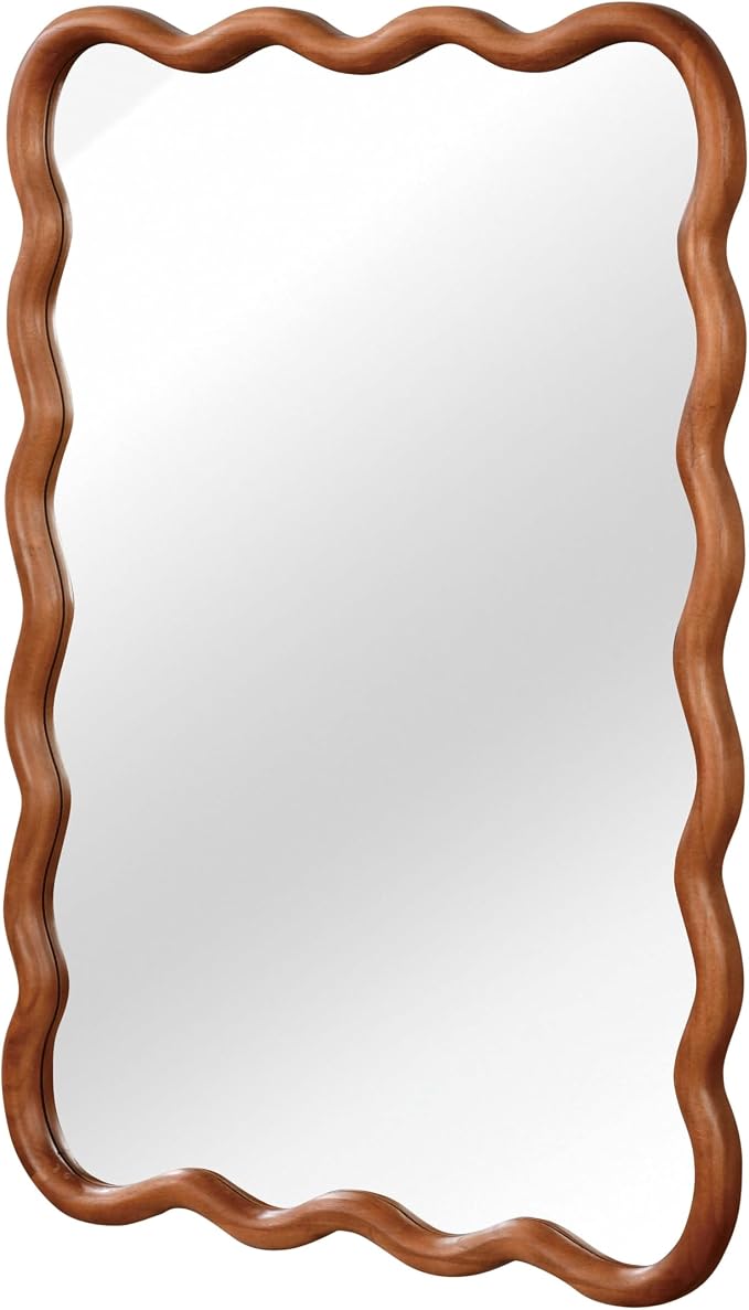 30x20 Inch Wooden Wavy Rectangle Wall Mirror, Modern Solid Wood Frame Decorative Accent Mirror for Bedroom, Bathroom, Living Room, Entryway, Yellowish Brown