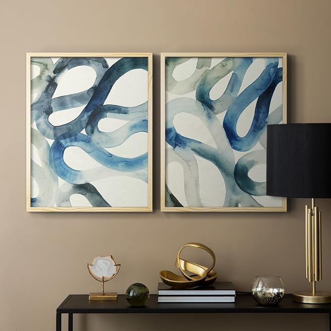 Renditions Gallery Set of 2 Peel & Stick Framed Prints, Watercolor Abstract Wall Art, Aquatic Water and Sand Strokes Wall Decor, Re-Stickable - Ready to Hang - 8"x10" - NATURAL WOOD Frame LT588
