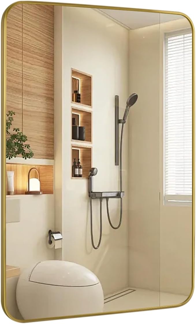 Gold Wall Mirror for Bathroom 24X32 Inch Stainless Steel Metal Frame Bathroom Vanity Mirror Rounded Rectangle Mirror Rustproof for Entryway, Living Room Hangs Vertically or Horizontally