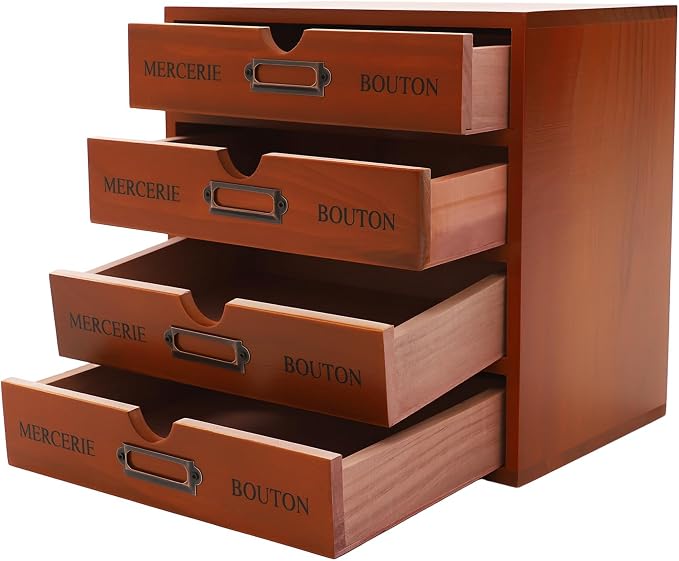 Vintage Wooden Drawers Organizer, 16-Drawer Desktop Storage Box With Drawers, Iron Label Holders, Apothecary Cabinet For Countertop Tea Coffee Pod Storage(4-Drawer/Brown)