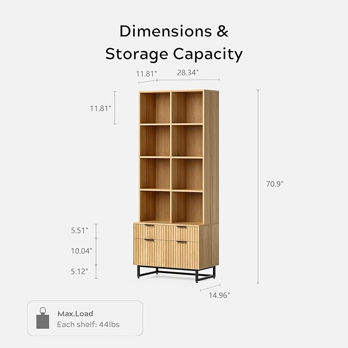 Fluted Tall Bookcase with Drawers Set of 4, 71" Tall Bookshelf Display Cabinet with Open Adjustable Shelf, Mid Century Farmhouse Book Shelf for Office Kitchen Living Room (Natural Oak)