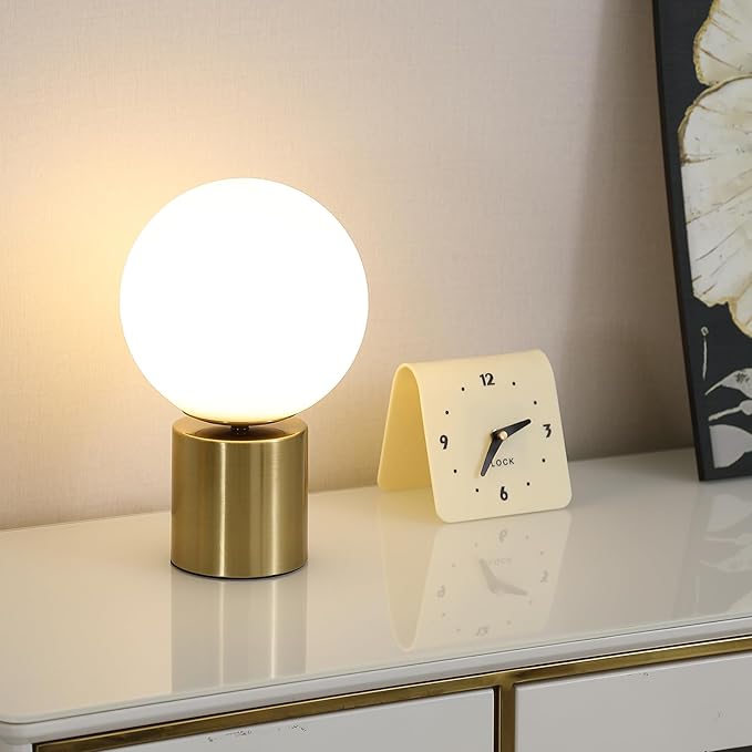 11 Inch Modern Mid Century Gold Globe Table Lamp,Round Bedside Nightstand Lamp with White Glass Shade Metal Base Desk Lamp for Bedroom Living Room End Table