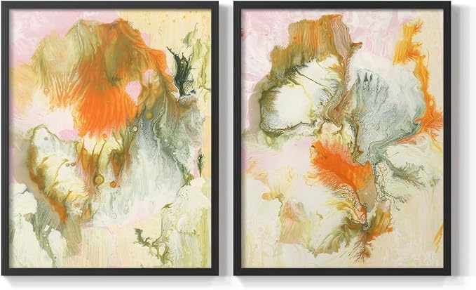Renditions Gallery Set of 2 Peel & Stick Framed Prints, Modern Abstract Wall Art, Mix Color Oil Paint Design Wall Decor, Re-Stickable - Ready to Hang - 8"x10" - Black Frame LT588