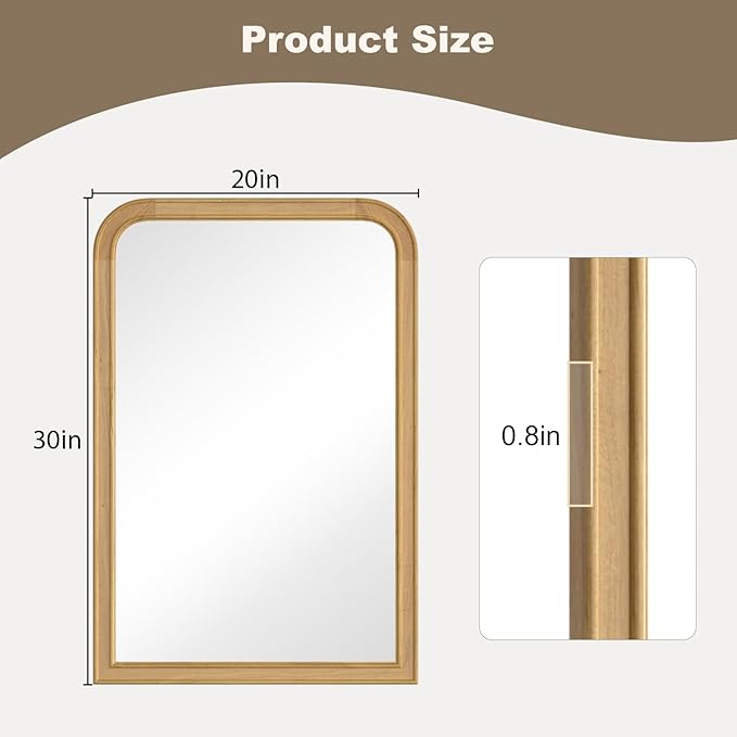 HOMECOOKIN 20" x 30" Wood Framed Mirror Bathroom Mirrors for Wall, Natural Arched Wood Bathroom Vanity Mirror for Entryway, Living Room or Bedroom Home Decor