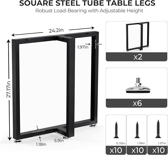 Table Legs 28”H x 24”W Heavy Duty Metal Furniture Legs T Shape for Dining Table Kitchen Table Office Desk Table Base Replacement with Adjustable Feet Pads Screws 1000 LBS Load Black Set of 2
