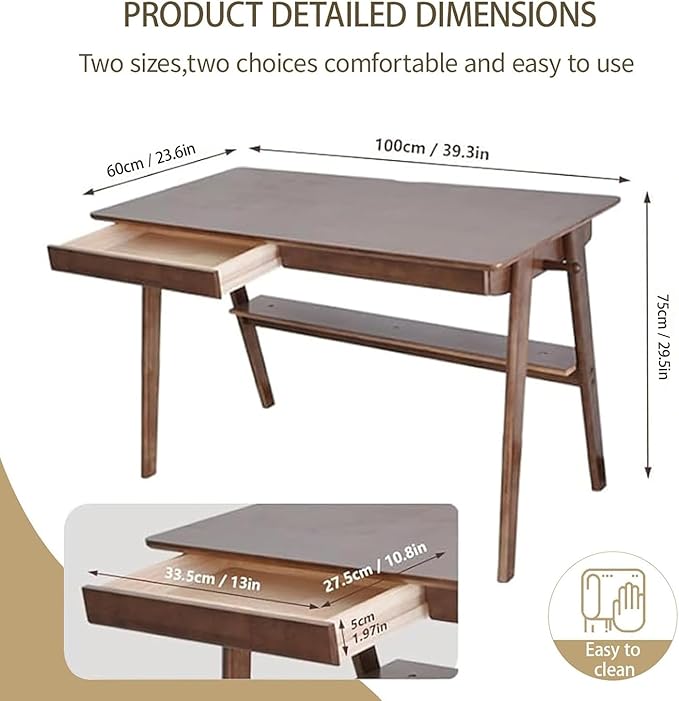 Mid-Century 39" Desk Solid Wood Writing Desk with 2 Drawers and Lower Shelf, Home Office Table for Study or Work or Dining with 2 Hanging Rod, Natural