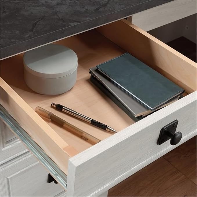 Bowery Hill L-Shaped Engineered Wood Desk, Glacier Oak/Rosso Slate Finish, 68.74"W x 65.11"D x 29.60"H, Multiple Drawers, File Storage, Adjustable Shelf, Grommet Holes, Home Office Computer Workspace