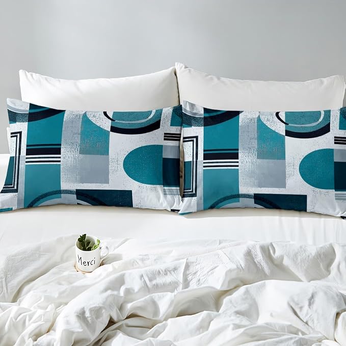 Abstract Striped Circle Duvet Cover Set Full Size,Minimalist Aesthetic Geometric Bedding Set,Boys Girls Room Decor,Graffiti Retro Squares Comforter Cover,Teal Quilt Cover,2 Pillowcases(No Filler)