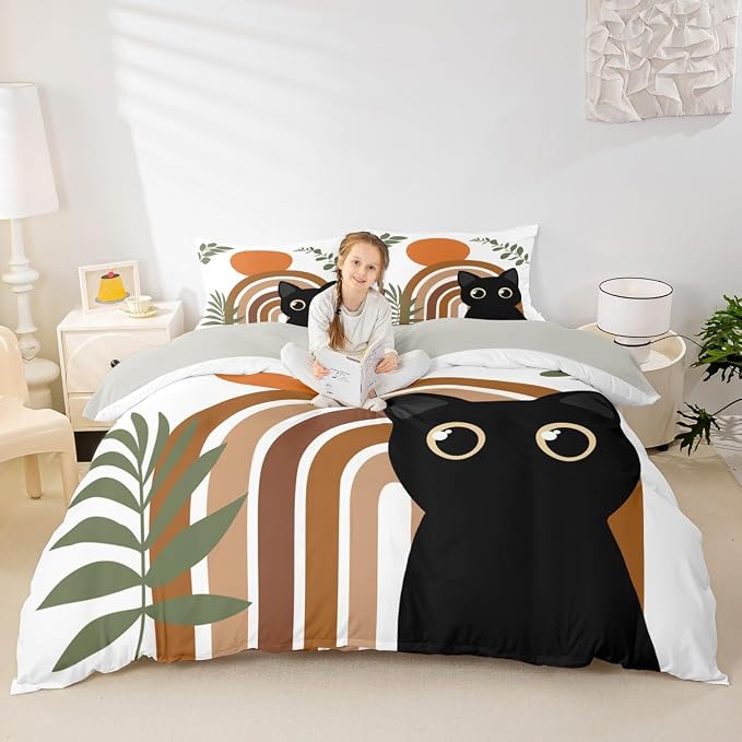 Erosebridal Funny Cat Comforter Cover Twin Vintage Mid Century Bedding Set Modern Minimalism Animals Duvet Cover for Kids Girls Boys Adults Boho Abstract Geometric Bed Set