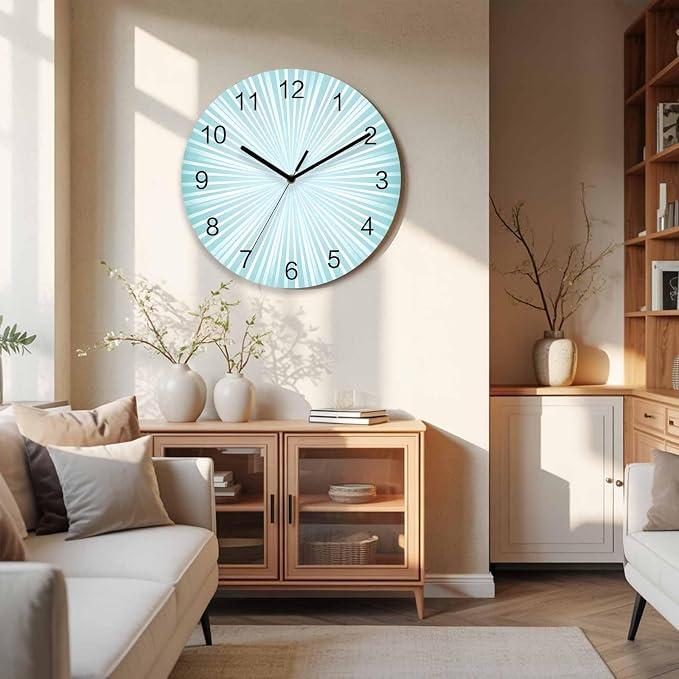 Abstract Wall Clock Battery Operated Non-Ticking 12" Round Wood Clocks, Sunburst Rays Light Blue Kitchen Wall Clock for School Bathroom Living Room Home Office Wall Decor