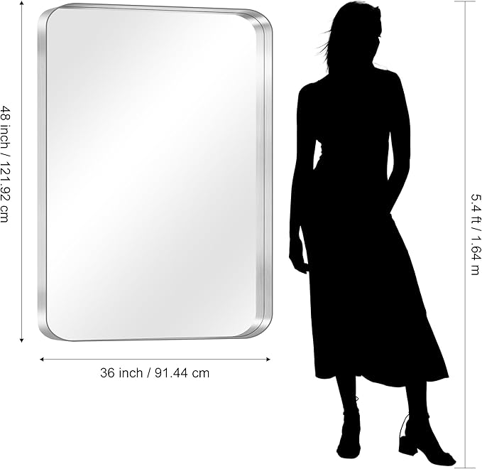 CIRCUMI Silver Bathroom Mirror, 36"x48" Rectangular Mirror with Deep Metal Frame, Rounded Corner, Tempered Glass, Large Mirror for Wall, Over 2 Sinks, Installed Vertically/Horizontally, Crystal-Clear