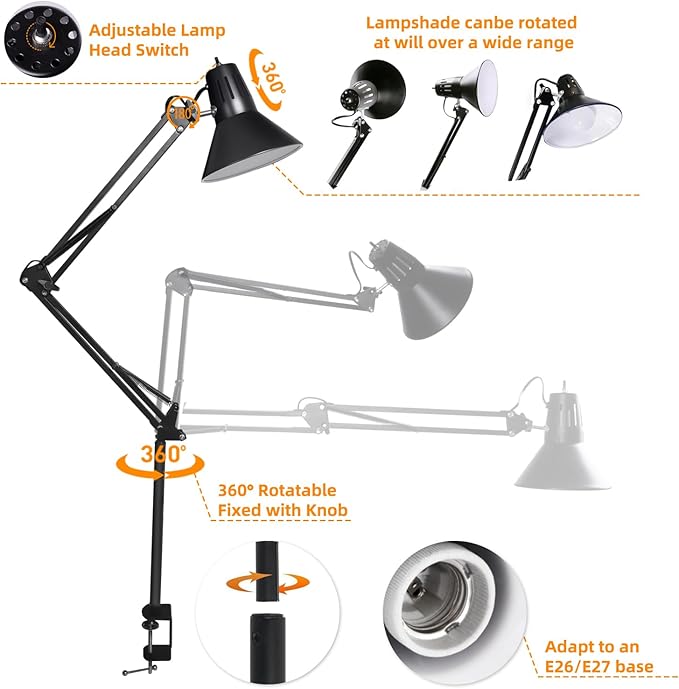 2 Pack LED Desk Lamp With Clamp for Office Home, Eye-Caring Desk Light with 360°Adjustable Extra Tall Metal Swing Arm, High Intensity Clamp w/A19 E26 Bulb for Working Reading, Table Lamps White Light